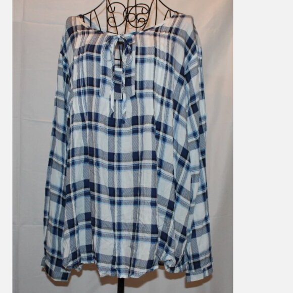 Plus Size Blouse 4X Plaid Rayon Pullover Top Drawstring Neck Tunic NWT White - Picture 1 of 7